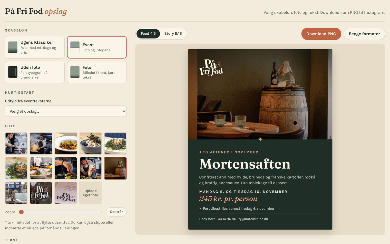 Brandmotoren med skabeloner, fotobibliotek og forhåndsvisning af et opslag om Mortensaften